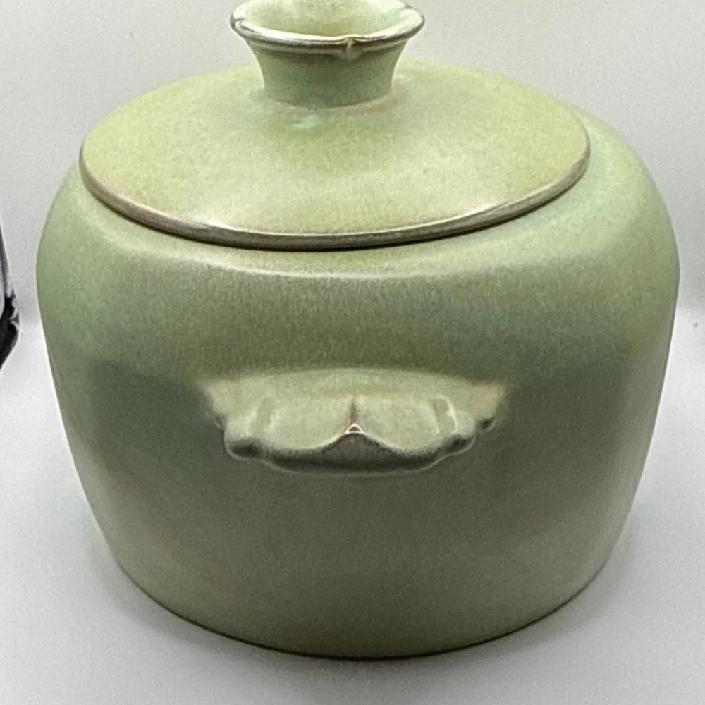 Frankoma Green Round Pottery Casserole Dish w/ Lid & Handles Marked S W